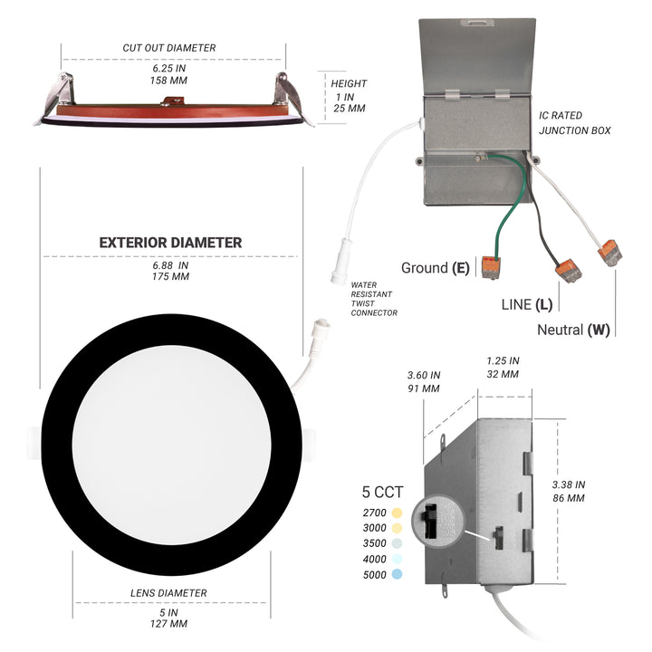 6" Inch 2 HOUR FIRE RATED Ultra-Thin Black Trim LED Recessed Light - Selectable 2700K/3000K/3500K/4000K/5000K - 1200 Lumens - Dimmable - IC Rated - Canless LED Downlight - No Fire Cone Needed