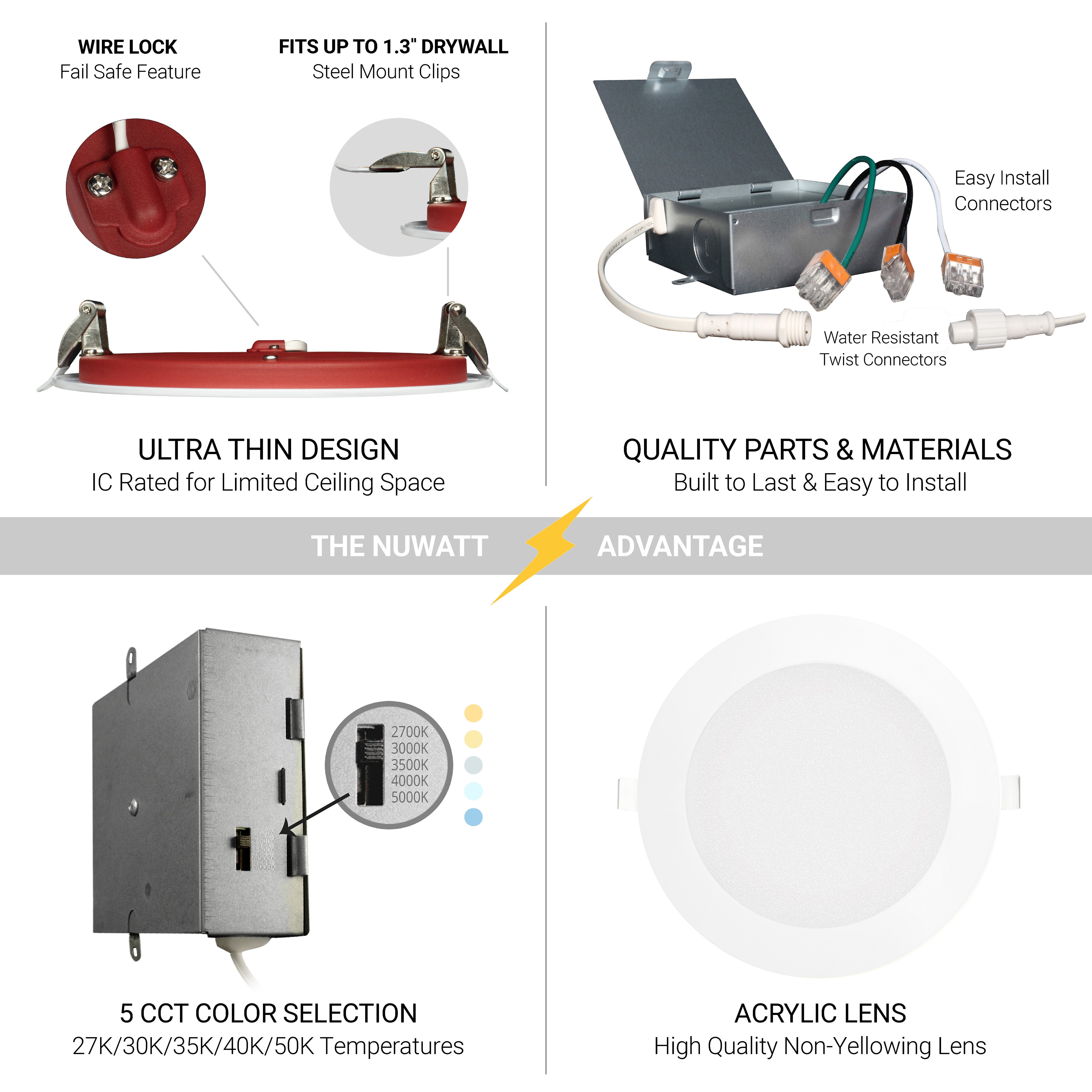 6 Inch 2 Hour Fire Rated Recessed Light Slim Canless LED Wafer Lights Wet Rated 5CCT 2700K 5000K 1200LM