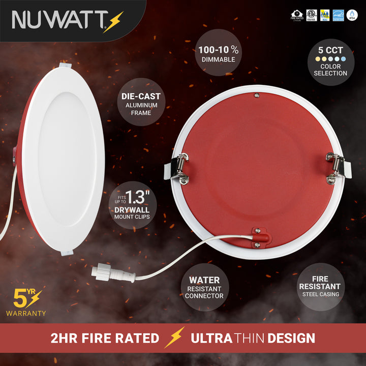 NUWATT 6 Inch 2 Hour FIRE RATED Ultra-Thin LED Recessed Light - Selectable 2700K/3000K/3500K/4000K/5000K - 1050 Lumens - Dimmable - IC Rated - Wet Rated - Canless LED Downlight - No Fire Rated Cone Needed