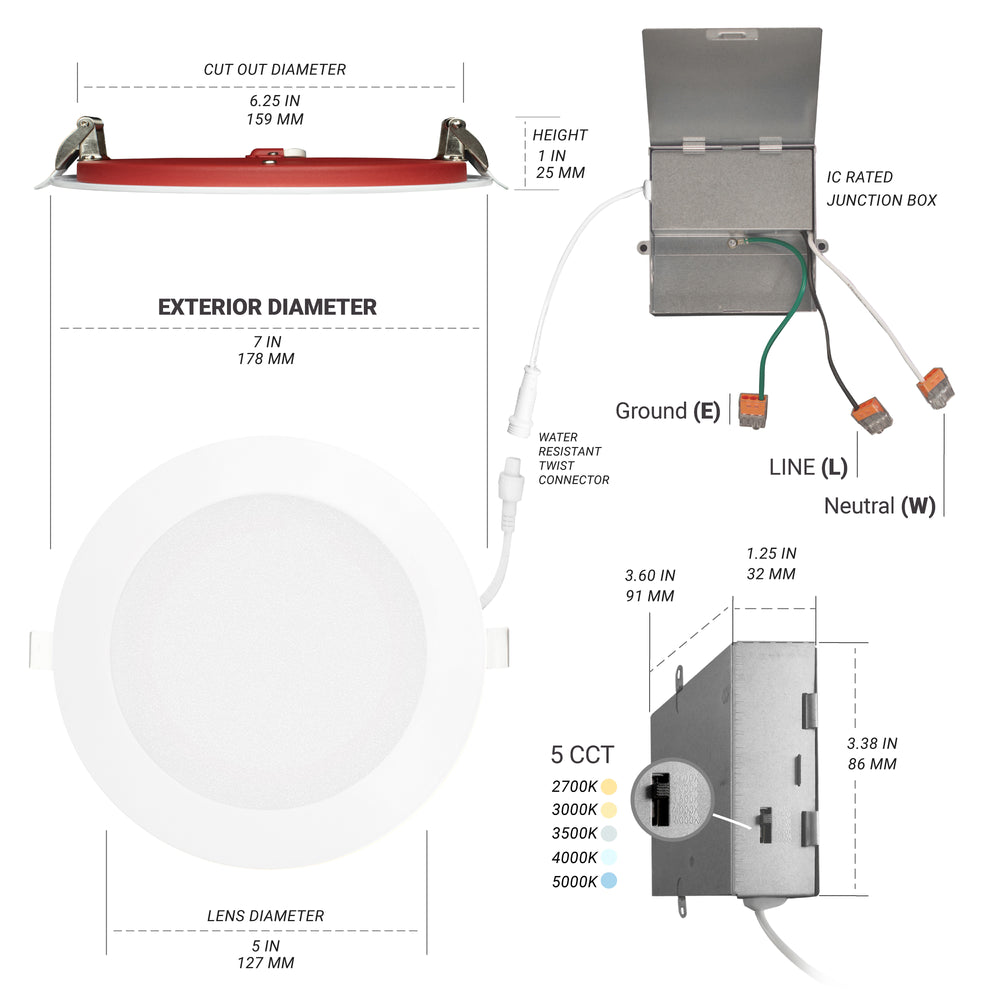 6" Inch 2 Hour Fire Rated Recessed Light Slim Canless LED Wafer Lights - Emergency Battery Back Up Installed - Wet Rated - 5CCT 2700K-5000K - 1200LM