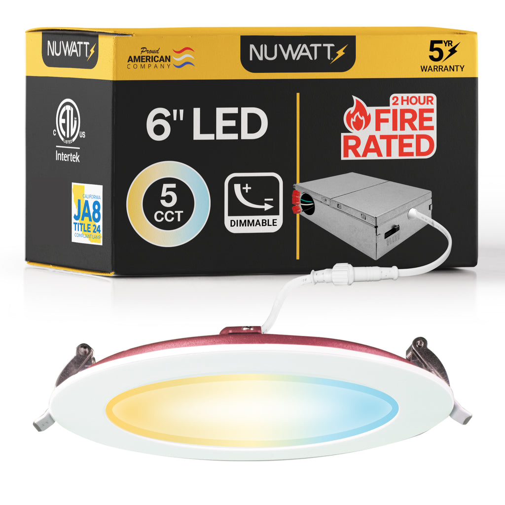 6" Inch 2 Hour Fire Rated Recessed Light Slim Canless LED Wafer Lights - Wet Rated - 5CCT 2700K-5000K - 1200LM