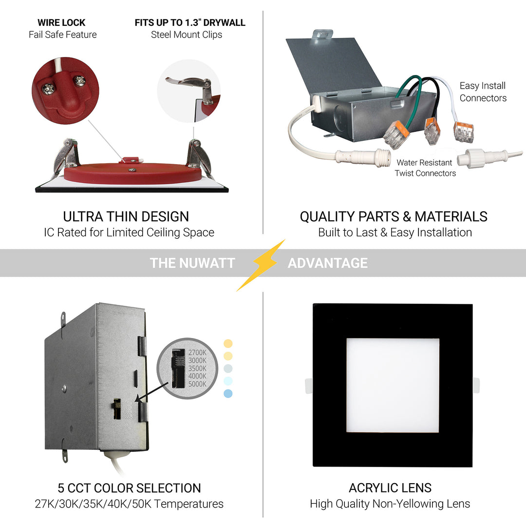 4" Inch 2 HOUR Fire Rated Ultra Thin Square Black Trim LED Recessed Light - 2700K/3000K/3500K/4000K/5000K Selectable - 900 Lumen - Dimmable - IC Rated Canless Downlight - No Fire Cone Needed