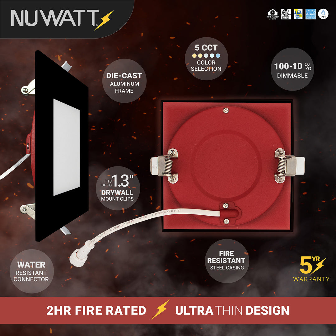 4" Inch 2 HOUR Fire Rated Ultra Thin Square Black Trim LED Recessed Light - 2700K/3000K/3500K/4000K/5000K Selectable - 900 Lumen - Dimmable - IC Rated Canless Downlight - No Fire Cone Needed