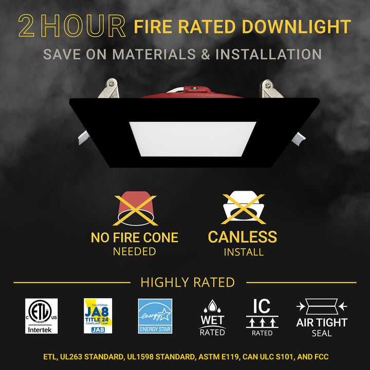 4" Inch 2 HOUR Fire Rated Ultra Thin Square Black Trim LED Recessed Light - 2700K/3000K/3500K/4000K/5000K Selectable - 900 Lumen - Dimmable - IC Rated Canless Downlight - No Fire Cone Needed