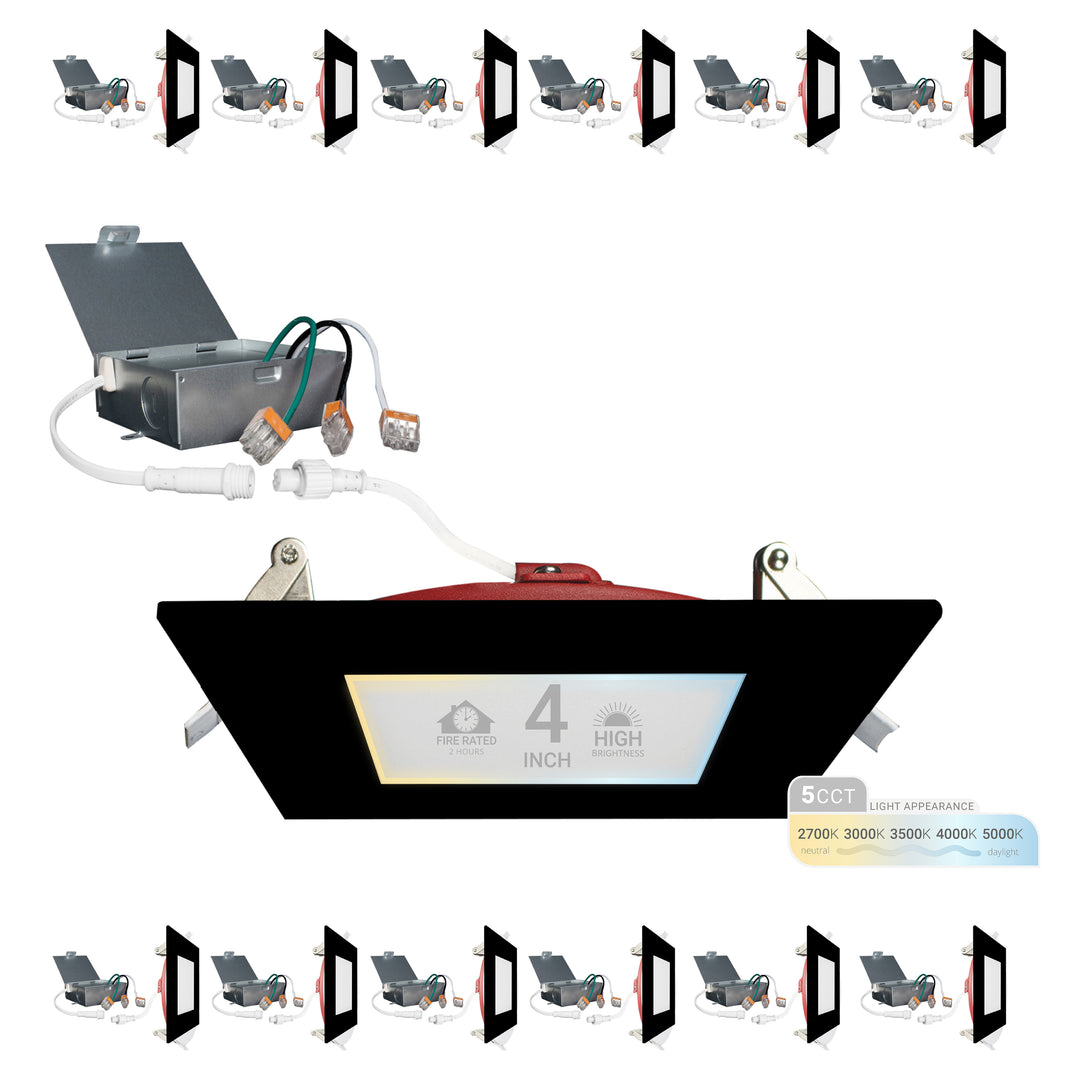 4" Inch 2 HOUR Fire Rated Ultra Thin Square Black Trim LED Recessed Light - 2700K/3000K/3500K/4000K/5000K Selectable - 900 Lumen - Dimmable - IC Rated Canless Downlight - No Fire Cone Needed