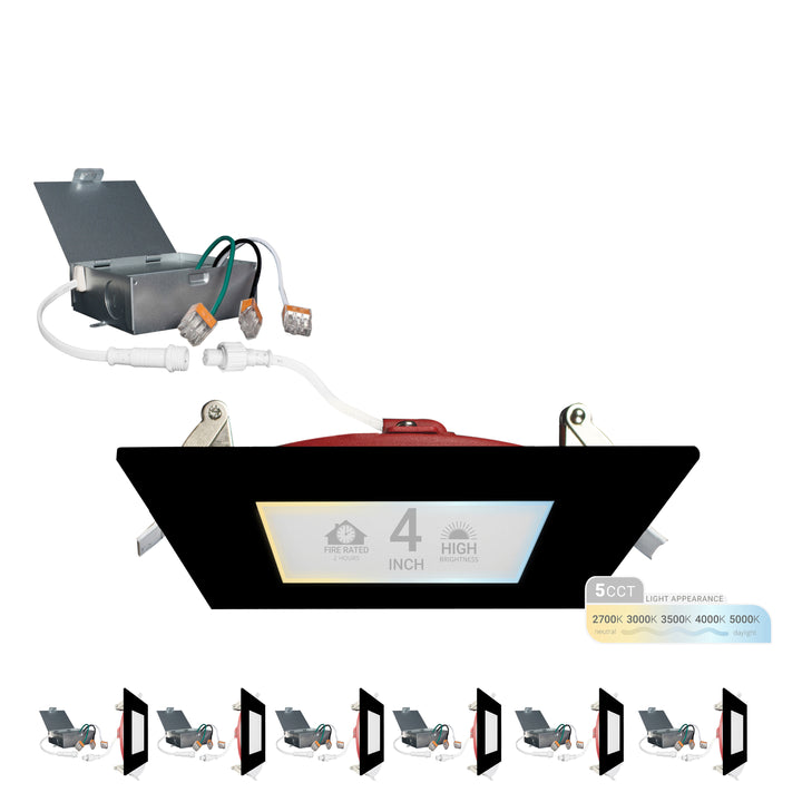 4" Inch 2 HOUR Fire Rated Ultra Thin Square Black Trim LED Recessed Light - 2700K/3000K/3500K/4000K/5000K Selectable - 900 Lumen - Dimmable - IC Rated Canless Downlight - No Fire Cone Needed