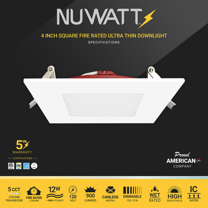 4" Inch 2 HOUR FIRE RATED Ultra-Thin Square Trim LED Recessed Light- 5CCT 2700K/3000K/3500K/4000K/5000K Selectable, 900 Lumen Dimmable, IC Rated, Canless Downlight- No Fire Cone Needed