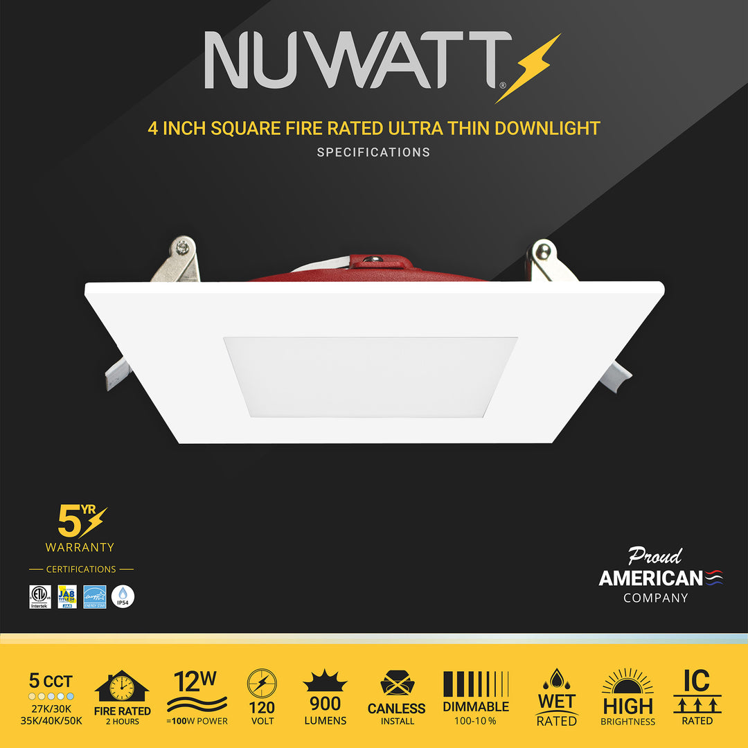 4" Inch Square 2 Hour Fire Rated Recessed Light Slim Canless LED Wafer Lights - Wet Rated - 5CCT 2700K-5000K - 900LM