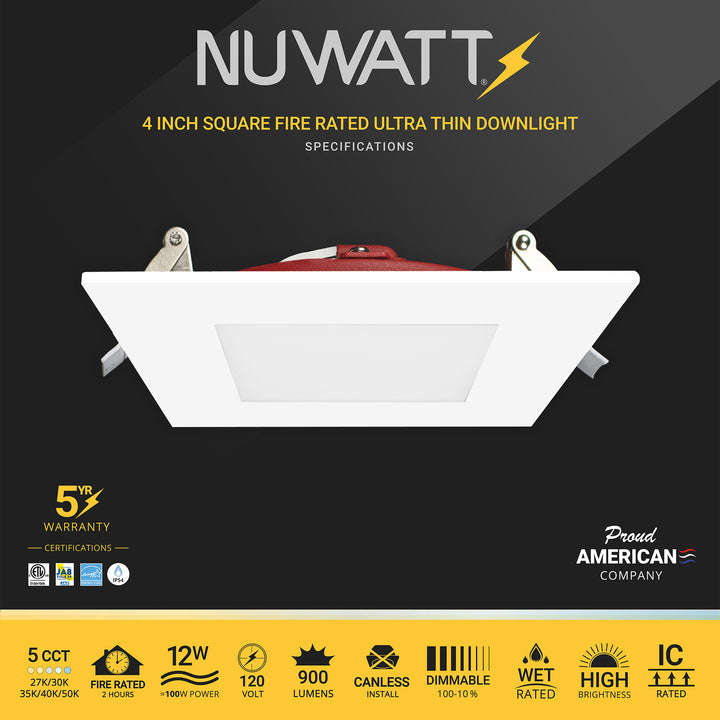 4" Inch Square 2 Hour Fire Rated Recessed Light Slim Canless LED Wafer Lights - Wet Rated - 5CCT 2700K-5000K - 900LM