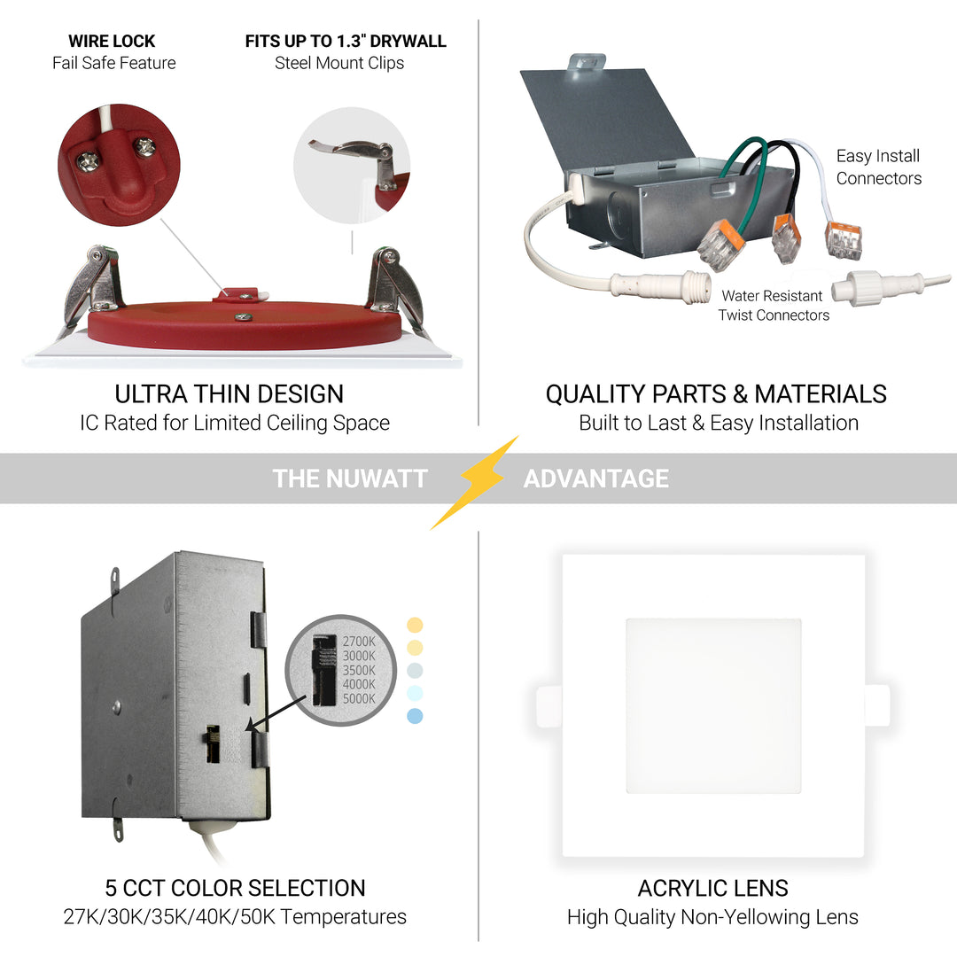 4" Inch Square 2 Hour Fire Rated Recessed Light Slim Canless LED Wafer Lights - Wet Rated - 5CCT 2700K-5000K - 900LM