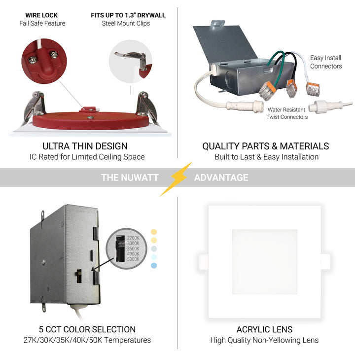 4" Inch Square 2 Hour Fire Rated Recessed Light Slim Canless LED Wafer Lights - Wet Rated - 5CCT 2700K-5000K - 900LM