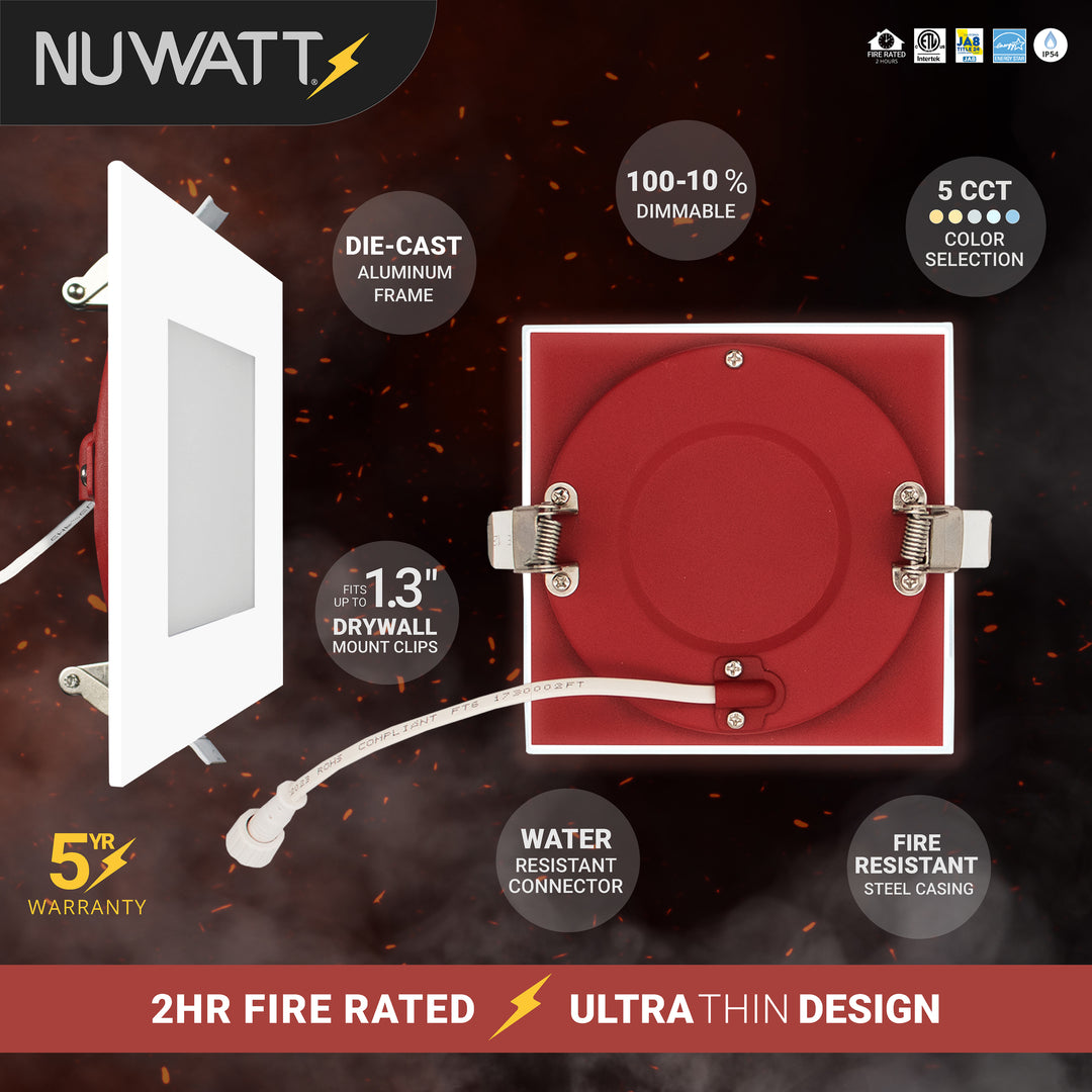 4" Inch 2 HOUR FIRE RATED Ultra-Thin Square Trim LED Recessed Light- 5CCT 2700K/3000K/3500K/4000K/5000K Selectable, 900 Lumen Dimmable, IC Rated, Canless Downlight- No Fire Cone Needed