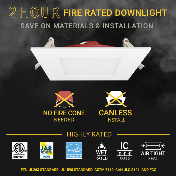 4" Inch 2 HOUR FIRE RATED Ultra-Thin Square Trim LED Recessed Light- 5CCT 2700K/3000K/3500K/4000K/5000K Selectable, 900 Lumen Dimmable, IC Rated, Canless Downlight- No Fire Cone Needed