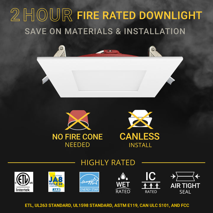 4" Inch Square 2 Hour Fire Rated Recessed Light Slim Canless LED Wafer Lights - Wet Rated - 5CCT 2700K-5000K - 900LM