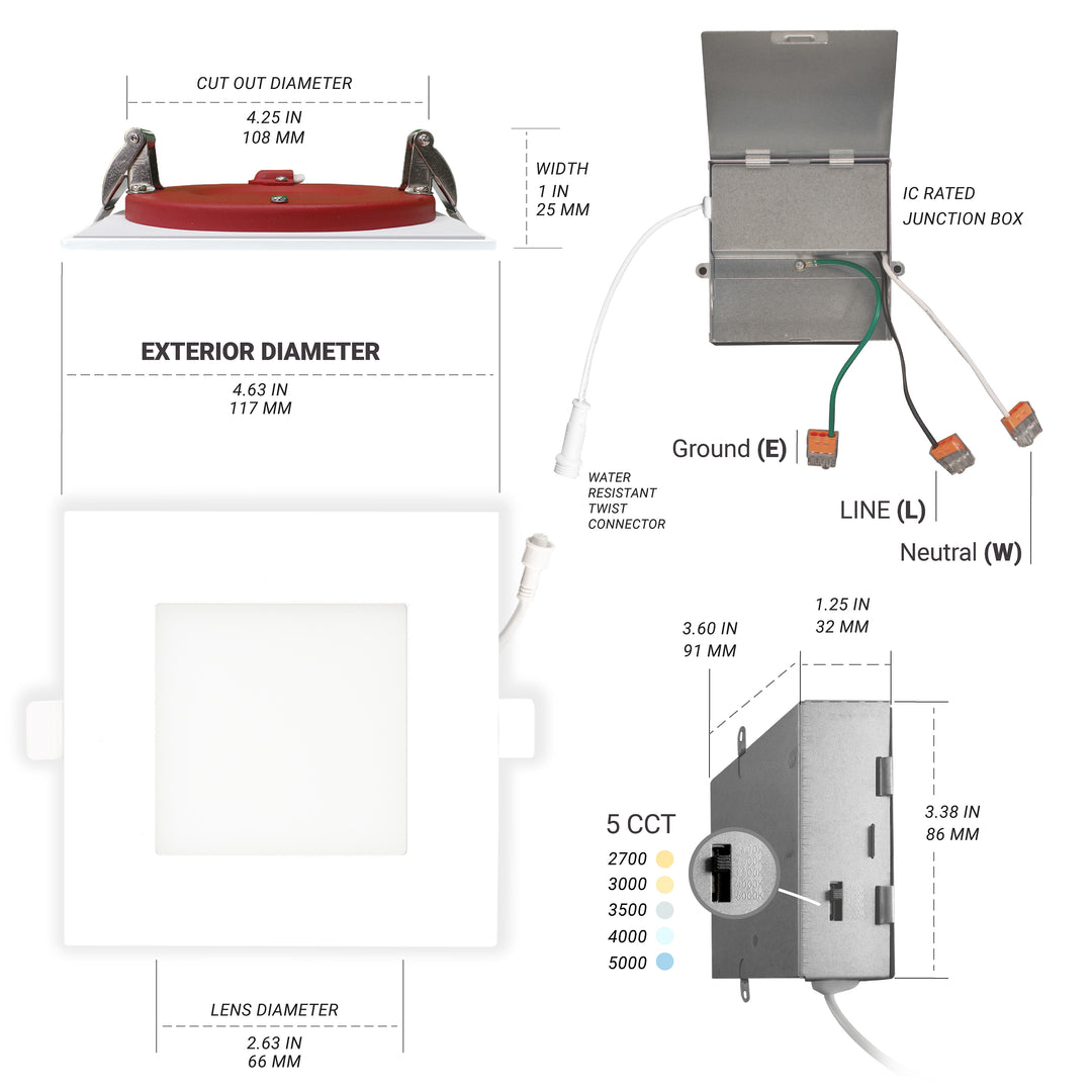 4" Inch Square 2 Hour Fire Rated Recessed Light Slim Canless LED Wafer Lights - Wet Rated - 5CCT 2700K-5000K - 900LM