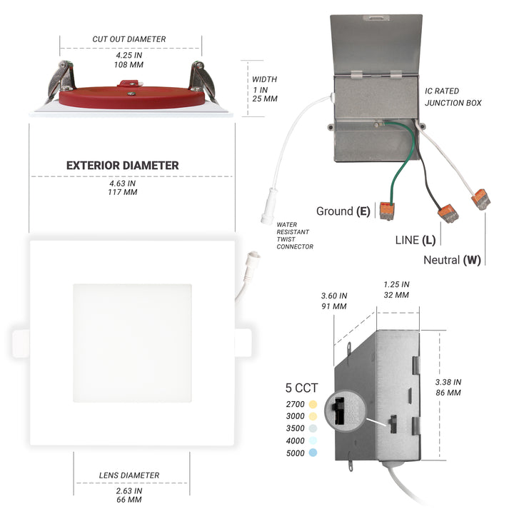 4" Inch Square 2 Hour Fire Rated Recessed Light Slim Canless LED Wafer Lights - Wet Rated - 5CCT 2700K-5000K - 900LM