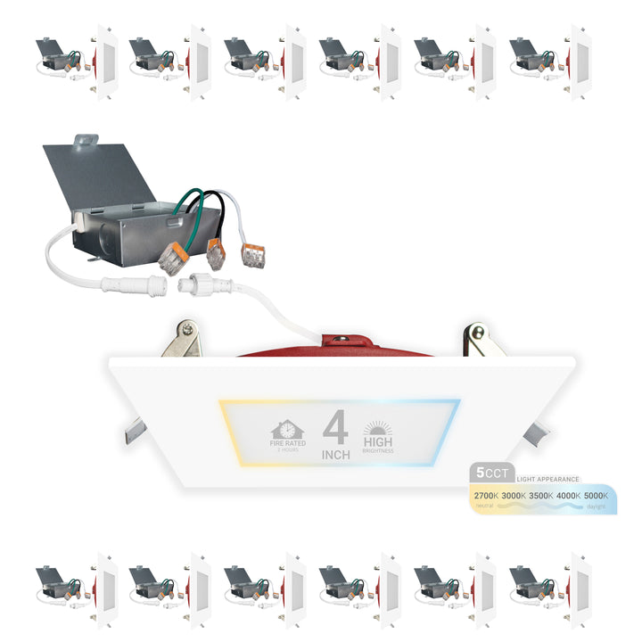 4" Inch 2 HOUR FIRE RATED Ultra-Thin Square Trim LED Recessed Light- 5CCT 2700K/3000K/3500K/4000K/5000K Selectable, 900 Lumen Dimmable, IC Rated, Canless Downlight- No Fire Cone Needed