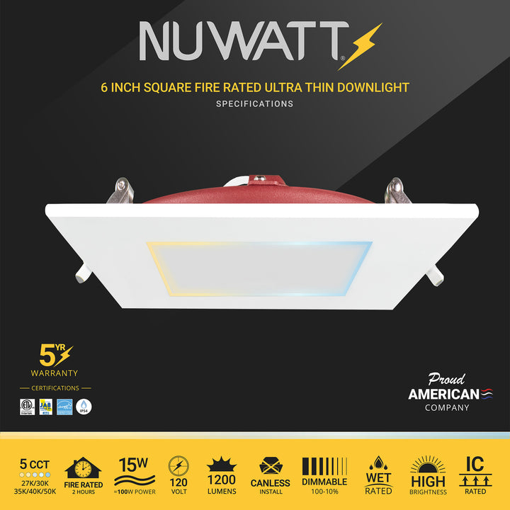 6" Inch 2 HOUR FIRE RATED Ultra-Thin Square Trim LED Recessed Light - 5CCT 2700K/3000K/3500K/4000K/5000K Selectable - 1200 Lumen Dimmable - IC Rated Canless Downlight - No Fire Cone Needed