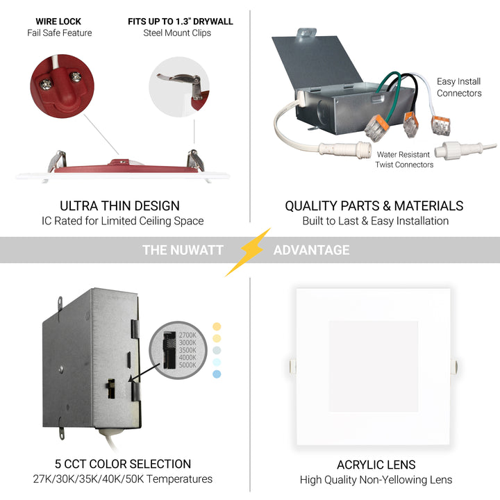 6" Inch 2 HOUR FIRE RATED Ultra-Thin Square Trim LED Recessed Light - 5CCT 2700K/3000K/3500K/4000K/5000K Selectable - 1200 Lumen Dimmable - IC Rated Canless Downlight - No Fire Cone Needed