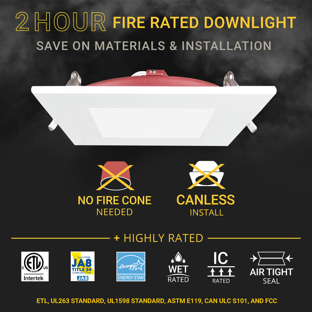 6" Inch Square 2 Hour Fire Rated Recessed Light Slim Canless LED Wafer Lights - Wet Rated - 5CCT 2700K-5000K - 1200LM