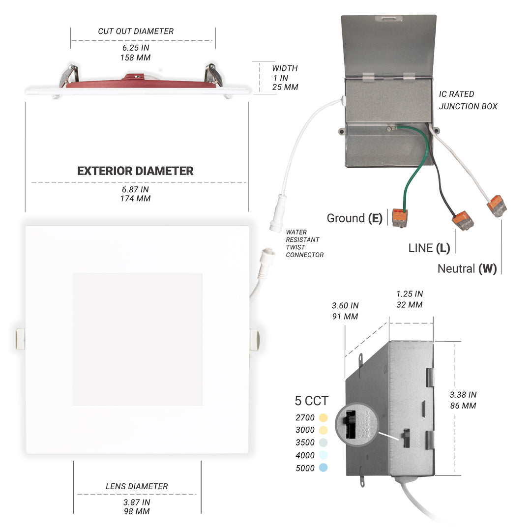 6" Inch 2 HOUR FIRE RATED Ultra-Thin Square Trim LED Recessed Light - 5CCT 2700K/3000K/3500K/4000K/5000K Selectable - 1200 Lumen Dimmable - IC Rated Canless Downlight - No Fire Cone Needed