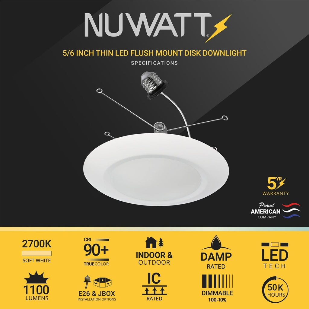 5/6" Inch LED Disk Lights Dual Installation 6" Can Lights or Surface Mount Disk Downlights - 2700K Soft White - 1100LM