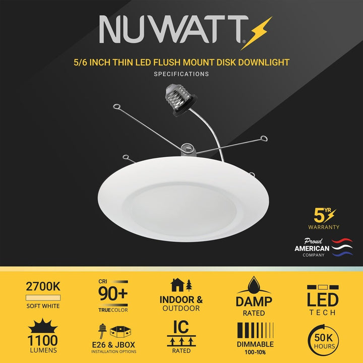 5/6" Inch LED Disk Lights Dual Installation 6" Can Lights or Surface Mount Disk Downlights - 2700K Soft White - 1100LM