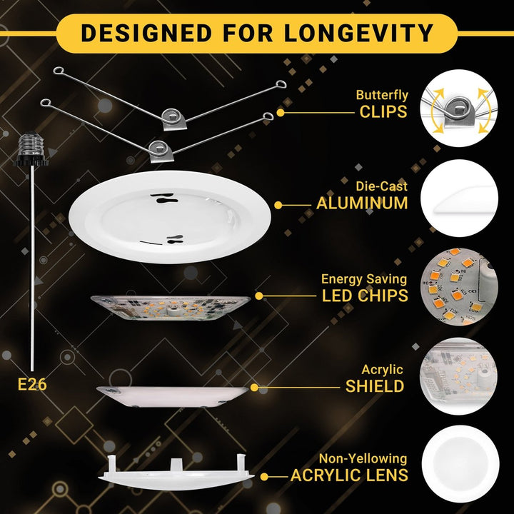5/6" Inch LED Disk Lights Dual Installation 6" Can Lights or Surface Mount Disk Downlights - 2700K Soft White - 1100LM