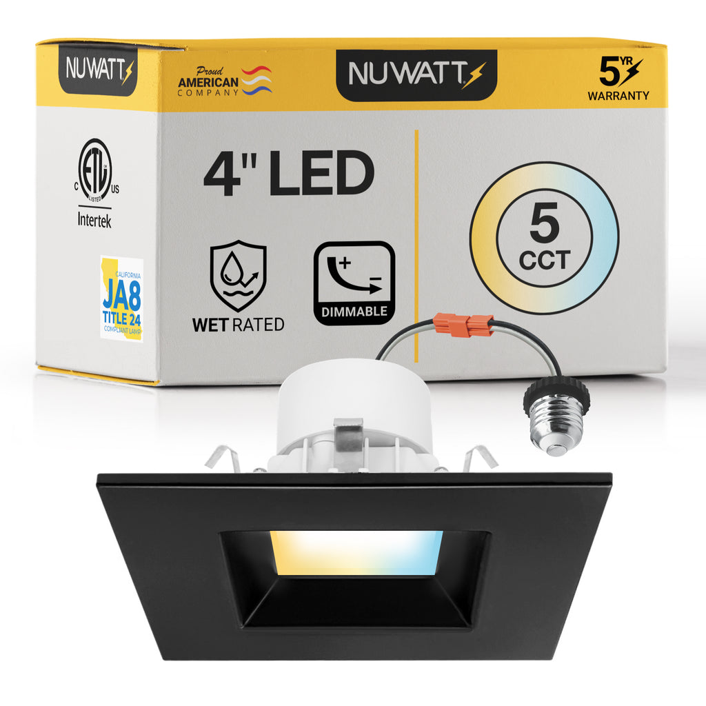 4" Inch Black Square Recessed Lighting Retrofit Can Lights - Wet Rated - 5CCT 2700K-5000K - 750LM