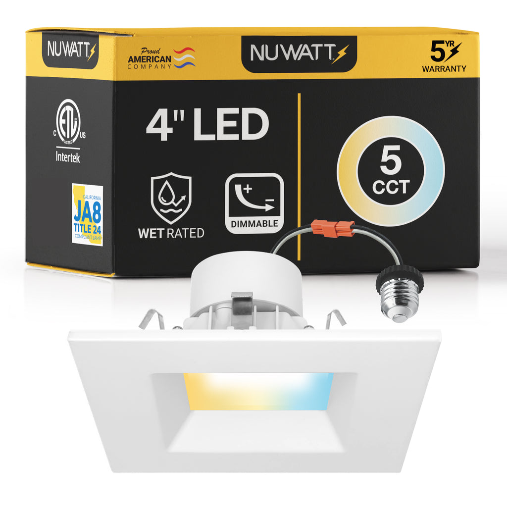4" Inch Square Recessed Lighting Retrofit Can Lights - Wet Rated - 5CCT 2700K-5000K - 750LM