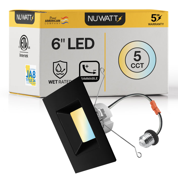 6" Inch Black Square Recessed Lighting Retrofit Can Lights - Wet Rated - 5CCT 2700K-5000K - 1100LM