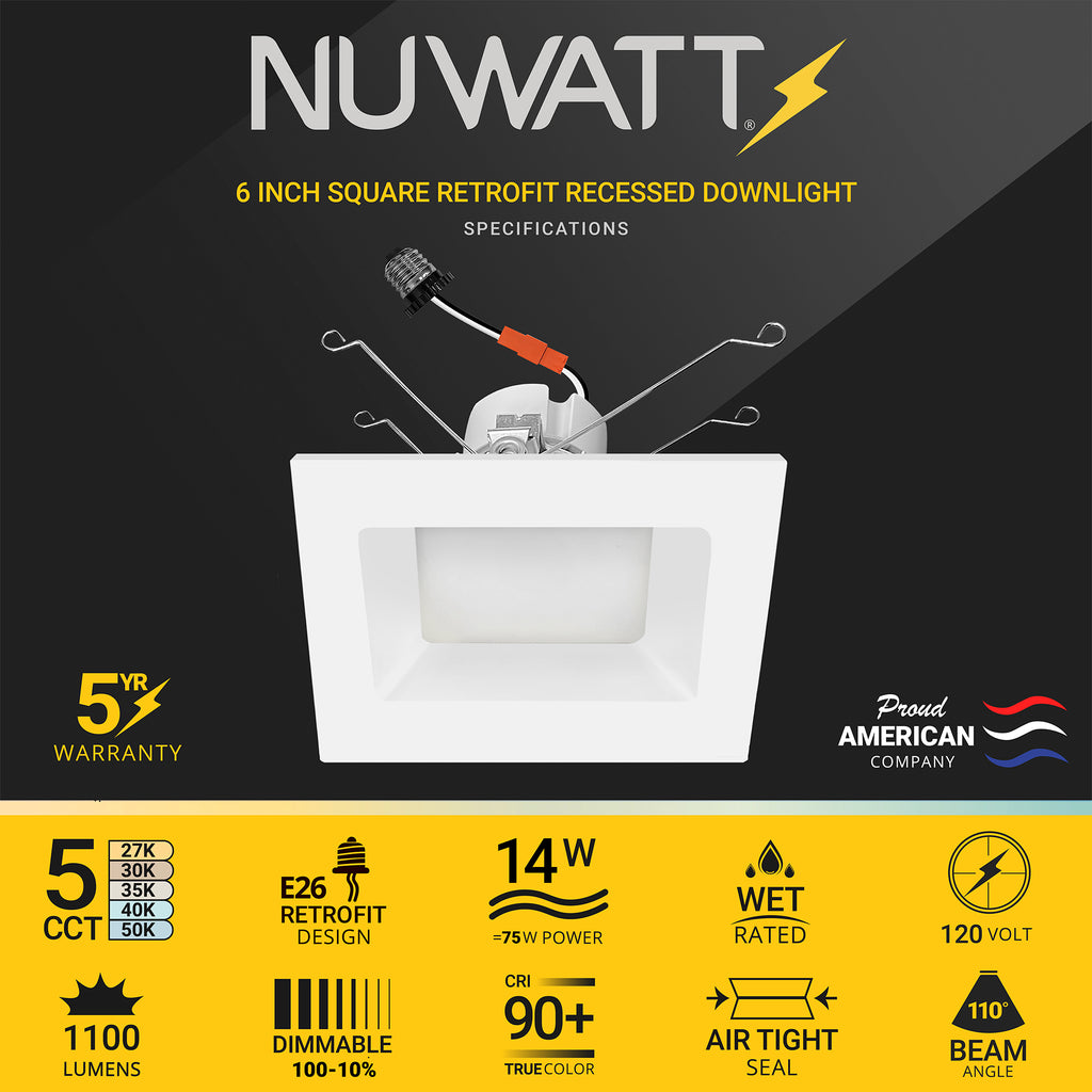 6" Inch Square Recessed Lighting Retrofit Can Lights - Wet Rated - 5CCT 2700K-5000K - 1100LM
