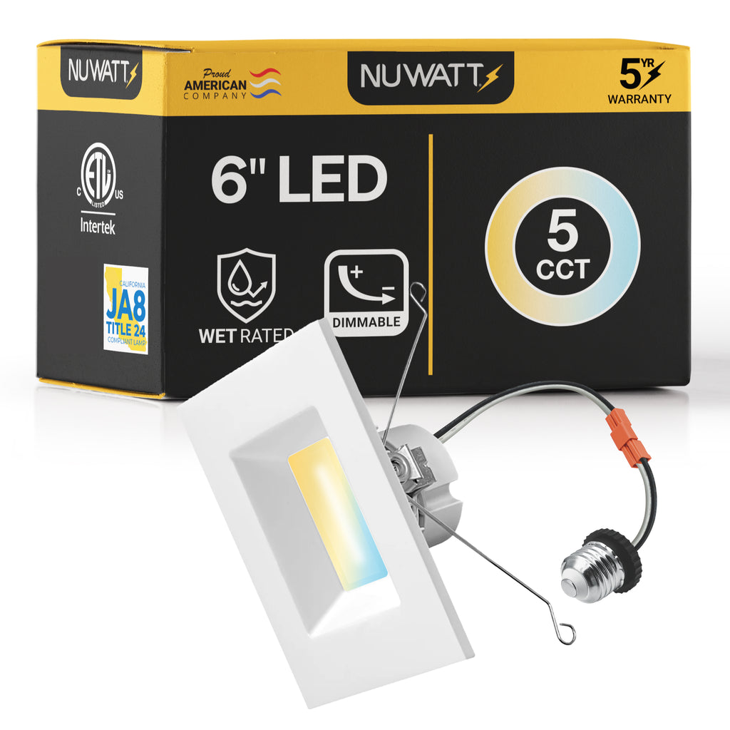 6" Inch Square Recessed Lighting Retrofit Can Lights - Wet Rated - 5CCT 2700K-5000K - 1100LM