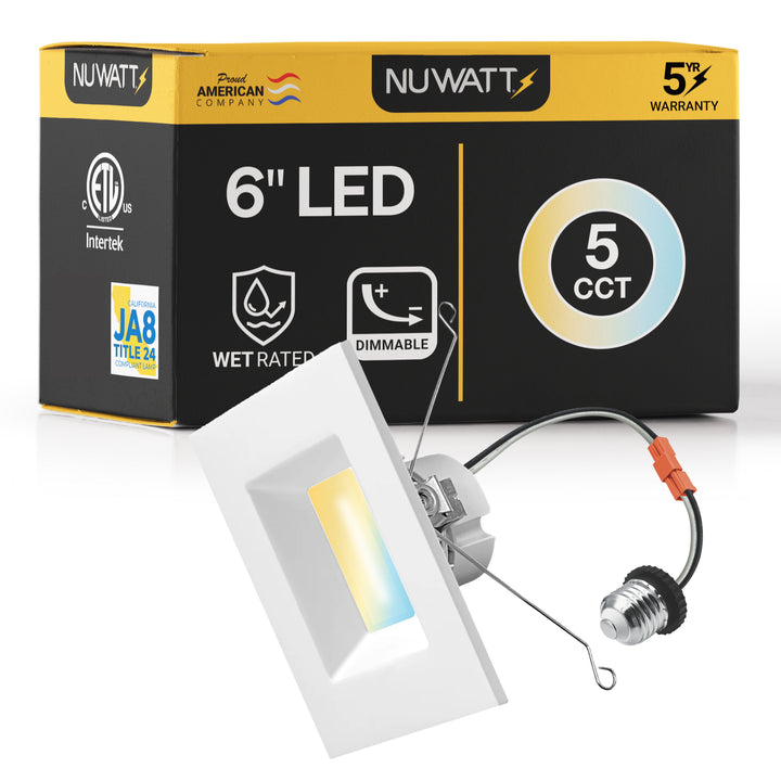 6" Inch Square Recessed Lighting Retrofit Can Lights - Wet Rated - 5CCT 2700K-5000K - 1100LM