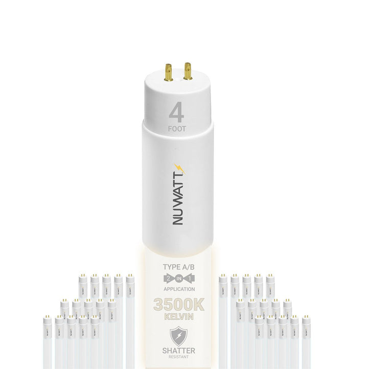 T8 LED Tube Lights 4FT - 3500K - Type A&B - Plug and Play or Ballast Bypass - 18W - 2200LM - Double Ended - 30 Pack