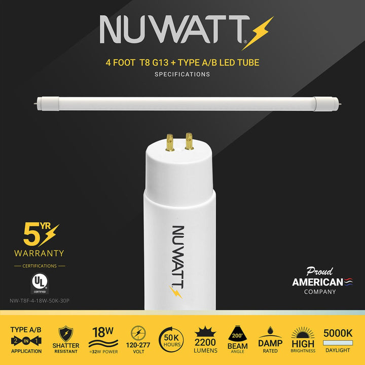 T8 LED Tube Lights 4FT - 5000K - Type A&B - Plug and Play or Ballast Bypass - 18W - 2200LM - Double Ended - 30 Pack