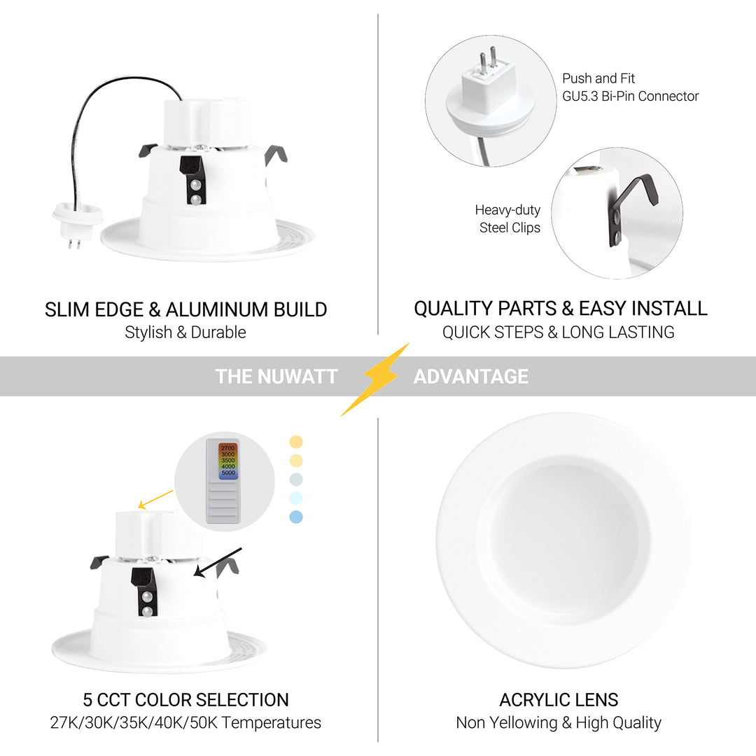 NUWATT 4 Inch MR16 Retrofit LED 12V Recessed Light - 5CCT Selectable 2700K/3000K/3500K/4000K/5000K - 10W - 600 Lumens - Dimmable Low Voltage LED Downlight - GU5.3 - 75W Halogen Replacement