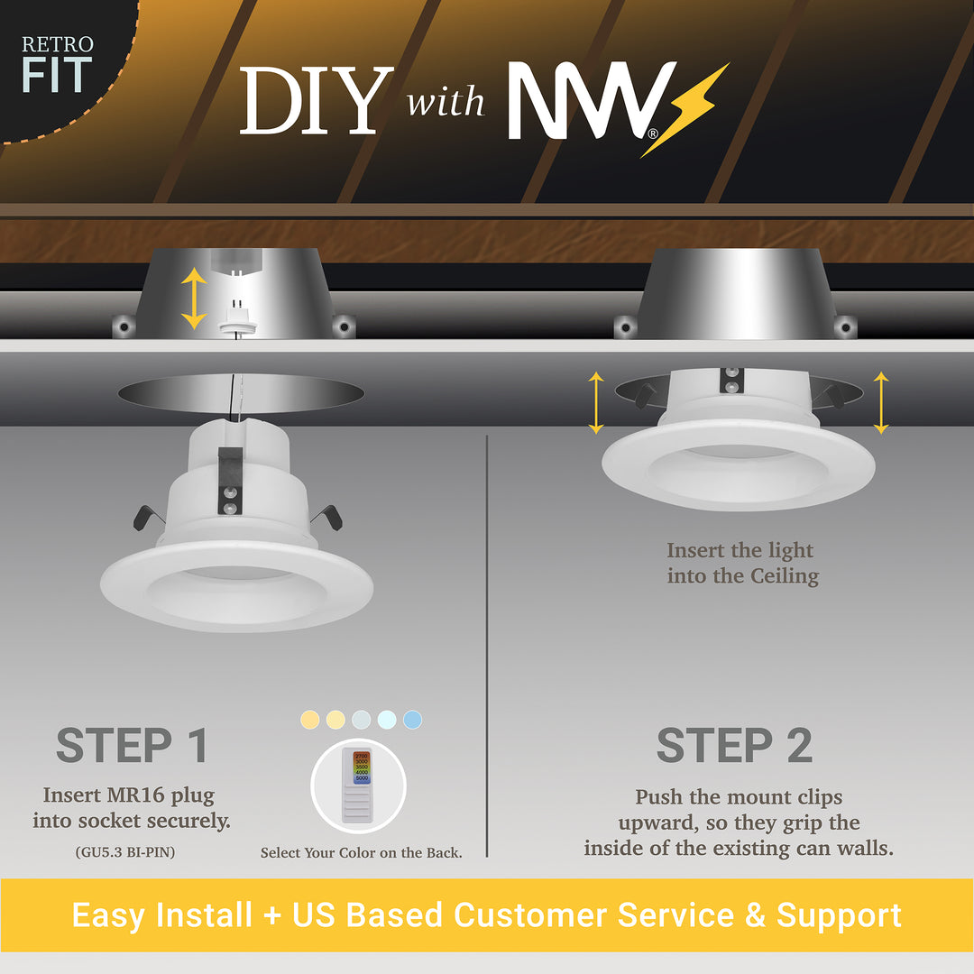 NUWATT 4 Inch MR16 Retrofit LED 12V Recessed Light - 5CCT Selectable 2700K/3000K/3500K/4000K/5000K - 10W - 600 Lumens - Dimmable Low Voltage LED Downlight - GU5.3 - 75W Halogen Replacement