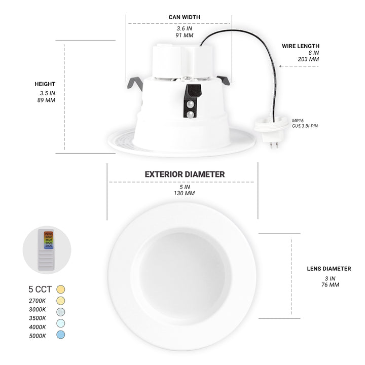 NUWATT 4 Inch MR16 Retrofit LED 12V Recessed Light - 5CCT Selectable 2700K/3000K/3500K/4000K/5000K - 10W - 600 Lumens - Dimmable Low Voltage LED Downlight - GU5.3 - 75W Halogen Replacement