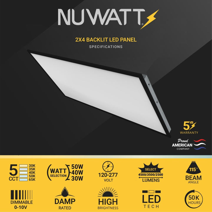 Black 2x4 LED Drop Ceiling Lights Backlit Panel - 5CCT 3000K-6500K - 5500LM - 4 Pack