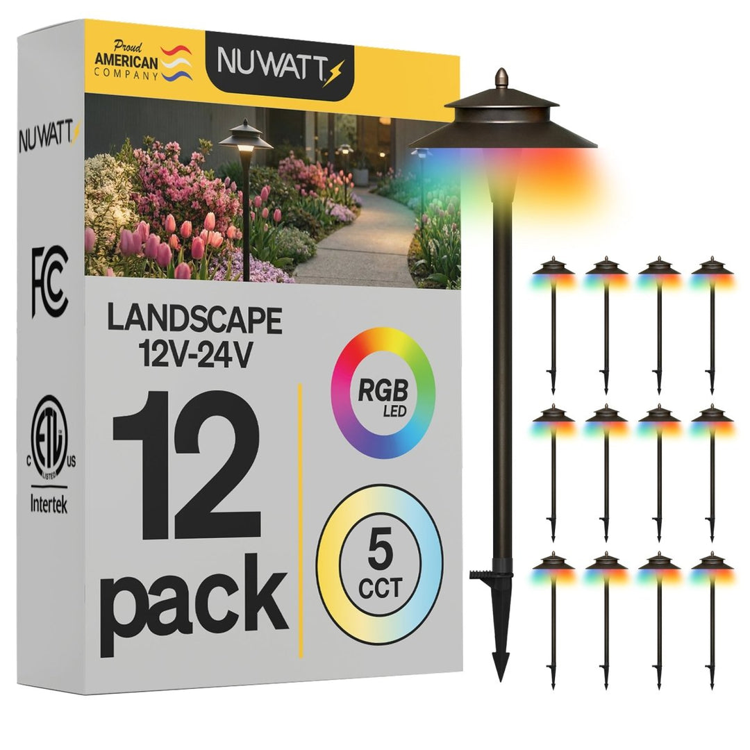 Double Top Bronze LED Low Voltage Pathway Lights for Front Yard - RGBW Color Changing + 5 CCT - 21 Inch Stem - Bronze Finish