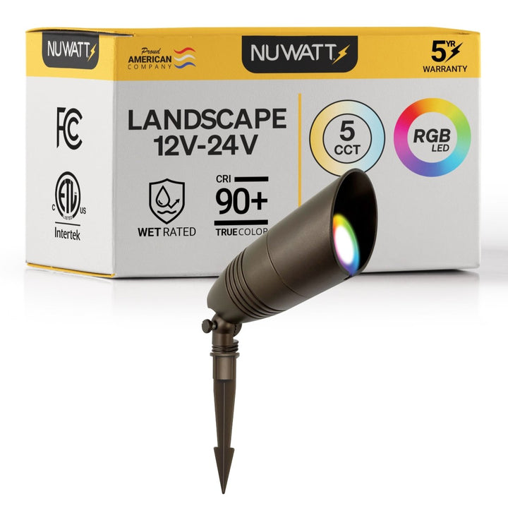 LED 12V Spotlight Outdoor Landscape Lights - 5CCT + RGB Selectable Color Outdoor Light Fixture - 36 Degree Beam Spread - 5W - Aluminum - Bronze