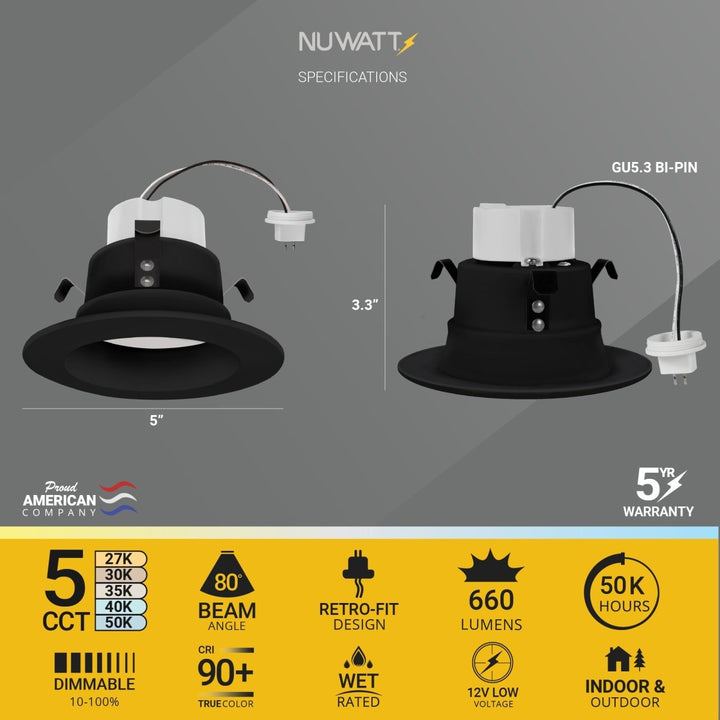 4" Inch Black MR16 LED Retrofit 12V Recessed Downlights - Wet Rated - 5CCT 2700K-5000K - 660LM - GU5.3 Base