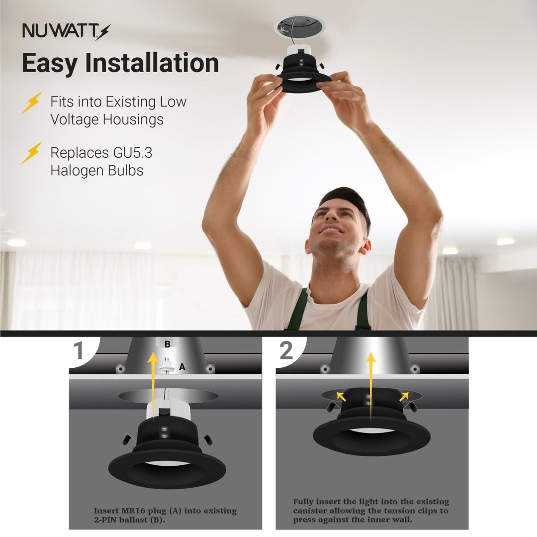 4" Inch Black MR16 LED Retrofit 12V Recessed Downlights - Wet Rated - 5CCT 2700K-5000K - 660LM - GU5.3 Base