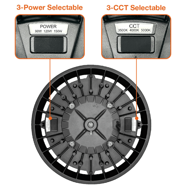 Round LED High Bay 150W/100W/60W Selectable - Industrial Warehouse LED Lighting - 0-10V Dimmable - 277-480V - 35K/40K/50K Selectable - 22,500 Lumen