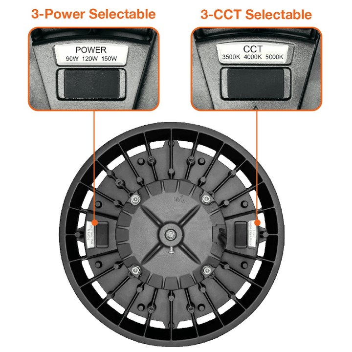 Round LED High Bay 150W/100W/60W Selectable - Industrial Warehouse LED Lighting - 0-10V Dimmable - 277-480V - 35K/40K/50K Selectable - 22,500 Lumen