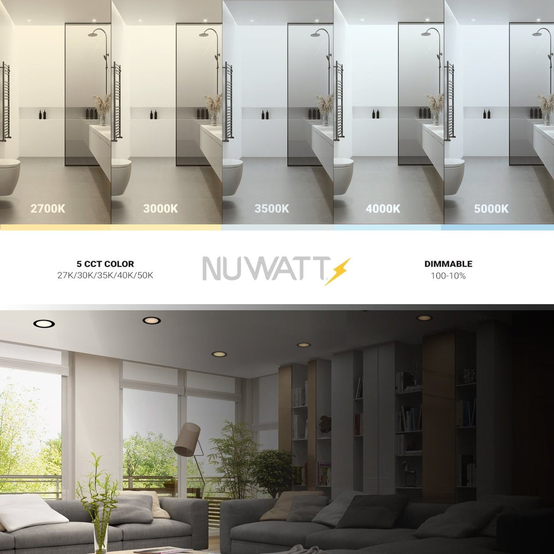 NUWATT 6 Inch 2 Hour FIRE RATED Ultra-Thin LED Recessed Light - Selectable 2700K/3000K/3500K/4000K/5000K - 1200 Lumens - Dimmable - IC Rated - Wet Rated - Canless LED Downlight - No Fire Rated Cone Needed