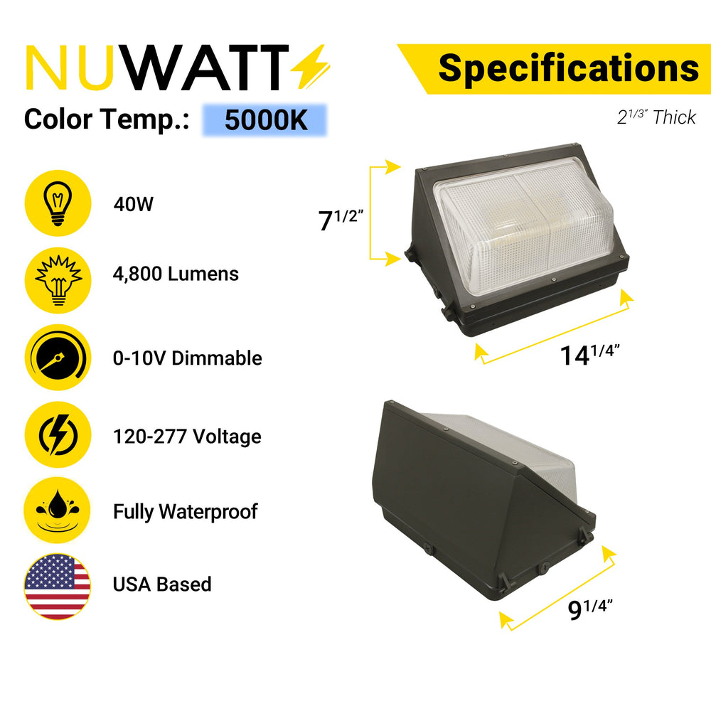 NuWatt 60W LED Wall Pack - Daylight 5000K - HID Replacement - Weatherproof - Dimmable Wall Pack - 120-277V - Bright Consistent Commerical Outdoor Security Lighting - Built In Dusk to Dawn Photocell - ETL & DLC Listed - (4 Pack) | | Nuwatt Lighting