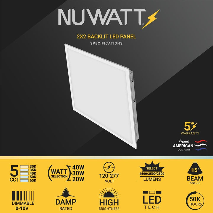 NuWatt 4 Pack 2x2 LED Panel for Drop-In Ceiling, 40W/30W/20W Selectable, 5 Color Select, 3000K/3500K/4000K,5000K/6500K, Super Bright 4400LM, 0-10V Dimmable Flat Backlit Fixture, UL Listed, 120V-277V