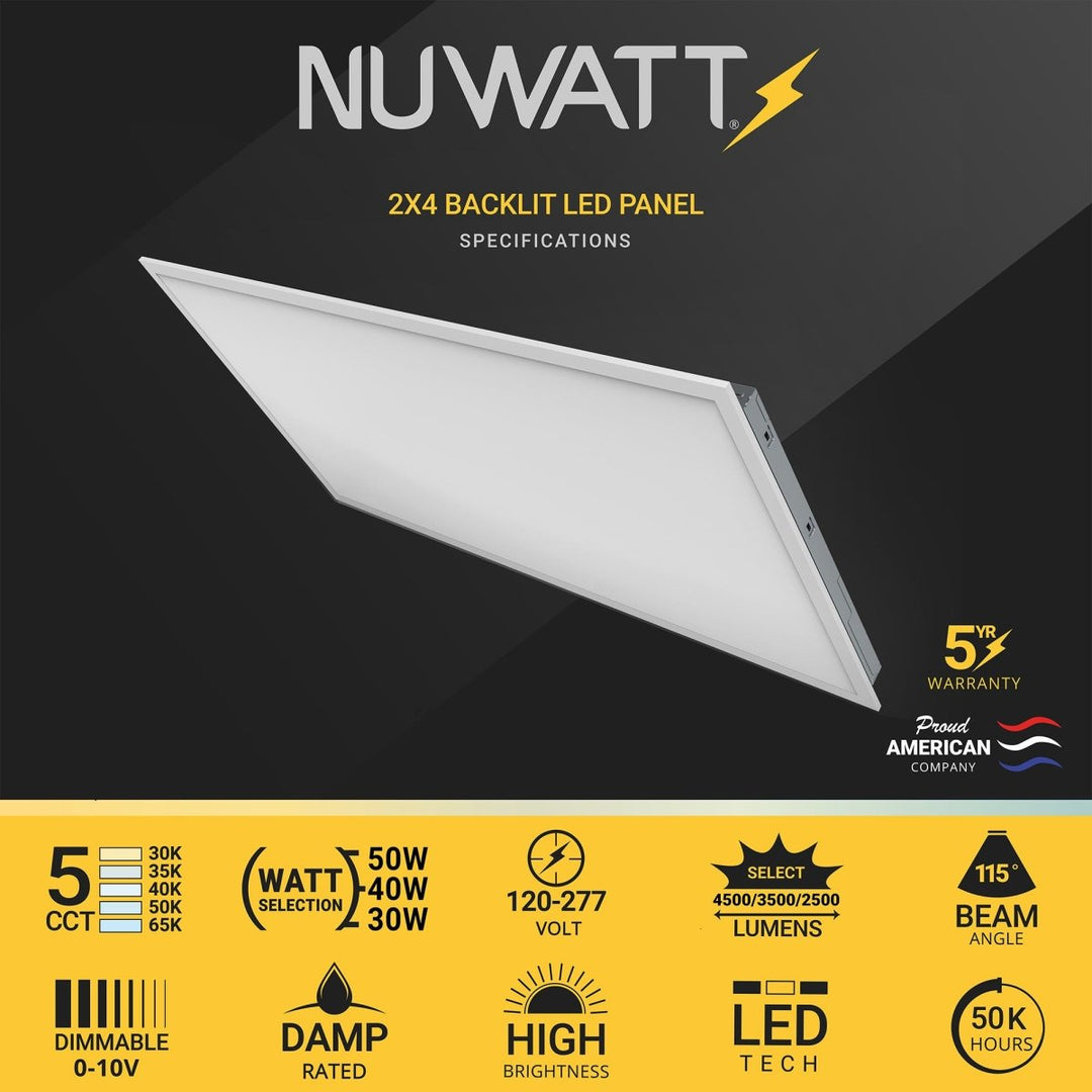 NuWatt 4 Pack 2x4 LED Panel for Drop-In Ceiling - 50W/40W/30W Selectable, 5 Color Select, 3000K/3500K/4000K/5000K/6500K, Super Bright 5500LM, 0-10V Dimmable Flat Backlit Fixture, UL Listed, 120V-277V